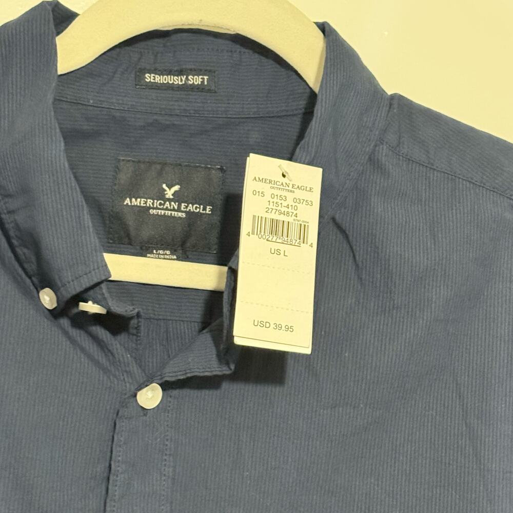 American Eagle Shirt Mens Large Navy White Ombre Button Seriously Soft NWT
